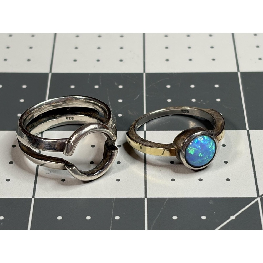Vintage Sterling Silver 2 Pc Round Opal Ring & Guard Modernist Deco Size: 9 - Picture 3 of 9
